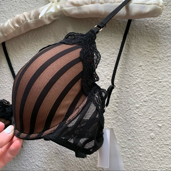 ELLE MacPherson sheer ribbons black nude lace bra Sz 36B lightly lined designer - Picture 5 of 16